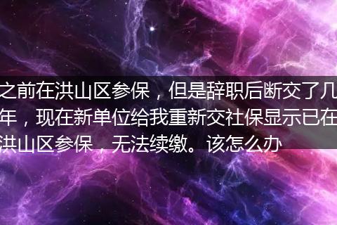 之前在洪山区参保，但是辞职后断交了几年，现在新单位给我重新交社保显示已在洪山区参保，无法续缴。该怎么办
