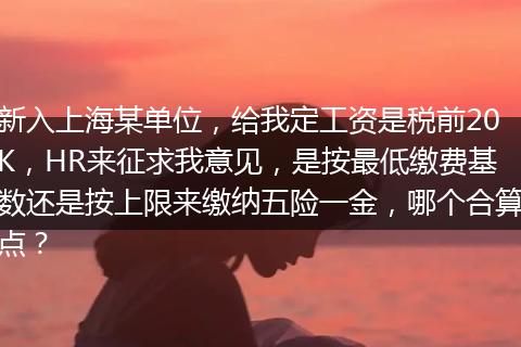 新入上海某单位，给我定工资是税前20K，HR来征求我意见，是按最低缴费基数还是按上限来缴纳五险一金，哪个合算点？