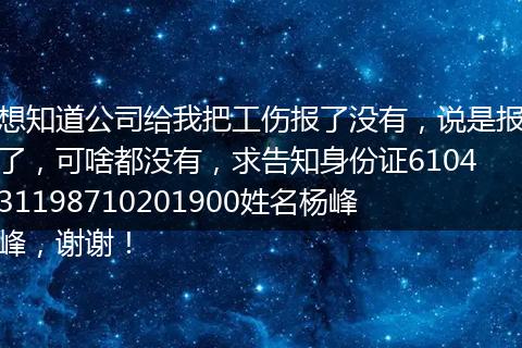 想知道公司给我把工伤报了没有，说是报了，可啥都没有，求告知身份证610431198710201900姓名杨峰峰，谢谢！