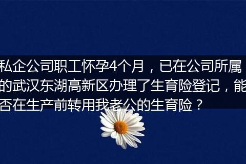 私企公司职工怀孕4个月，已在公司所属的武汉东湖高新区办理了生育险登记，能否在生产前转用我老公的生育险？