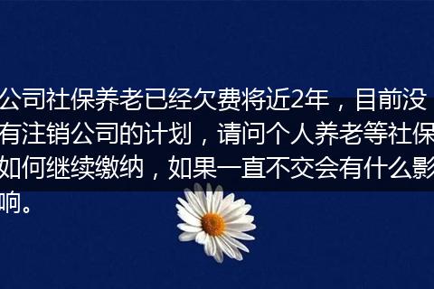 公司社保养老已经欠费将近2年，目前没有注销公司的计划，请问个人养老等社保如何继续缴纳，如果一直不交会有什么影响。